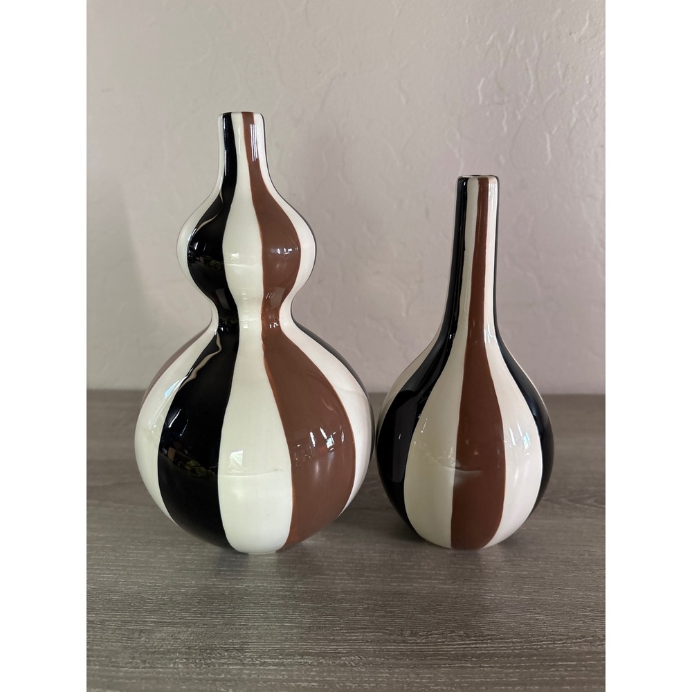 Jonathan Adler Happy Home Stripes Vase Set Brown Black White Groovy Pottery 2003